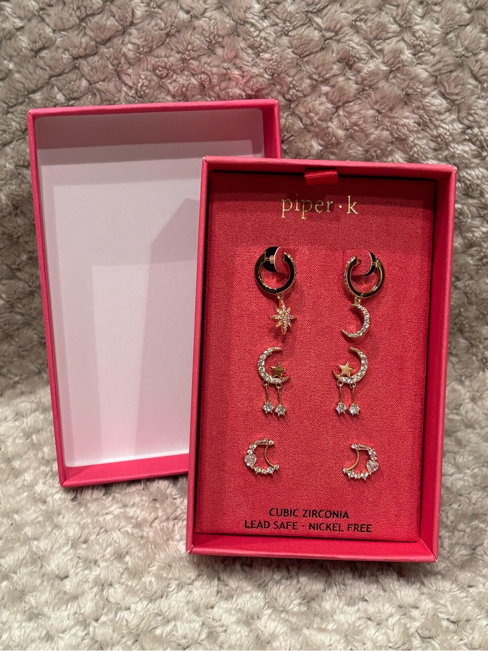 Piper K Gold Tone Moon & Star Cubic Zirconia Earring Set - Gold NIB
